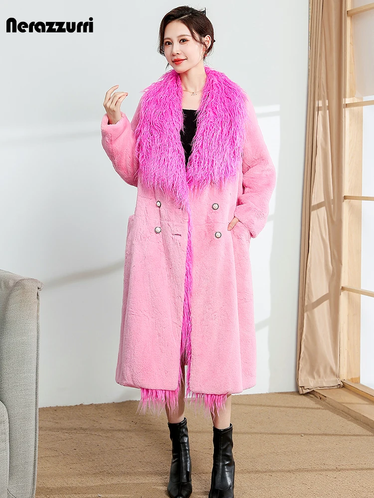 

Nerazzurri Winter Long Luxury Elegant Chic Fluffy Warm Thick Patchwork Faux Fur Coat Women with Fake Mongolian Fur Collar 2023