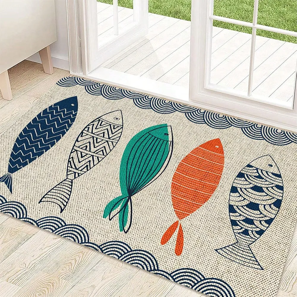 1pc Bohemian Geometric Fish Design Doormat - Colorful Non-Slip Absorbent Entryway Mat, Machine Washable Polyester Flannel For Kitchen Bathroom Laundry Room