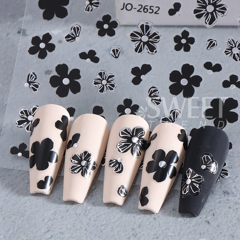 3D Black French Flower Nail Stickers Simple Gold Silver Petal Nail Decals Sliders For Autumn Nail Supplies Manicure Decoration