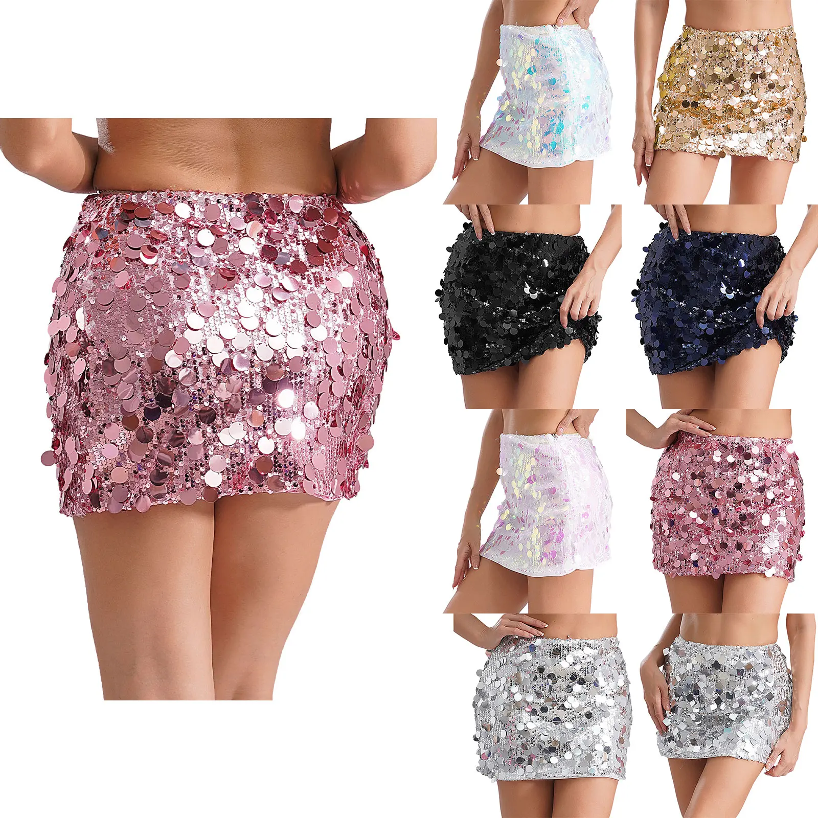 Womens Shiny Sequins Jazz Latin Dance Skirt Elastic Waist Fully Lined Hip Wrap Mini Skirt for Nightclub Carnival Rave Party