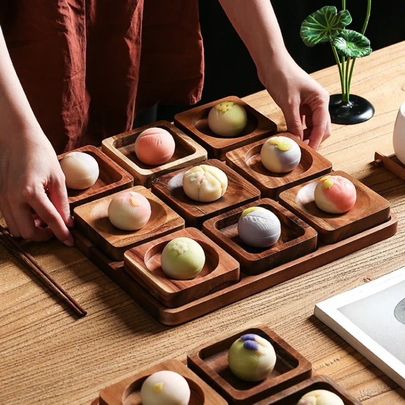 Solid Wood Nine Palace Grid Plate Fine Dessert Plate Retro Pastry Tray Japanese Tea Refreshment Dish Serving Tray