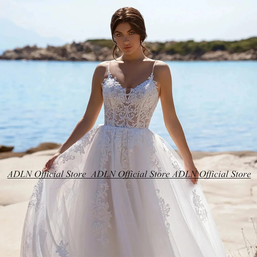 ADLN Wedding Dress Boho Bridal Gown Sexy Spaghetti Straps V Neck See Through Applique Open Back Sweep Train Bride Dresses