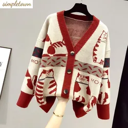 2023 frühling und Herbst Neue Cartoon Kontrast Farbe Mode Pullover frauen V-ausschnitt Strickjacke Mantel Trend