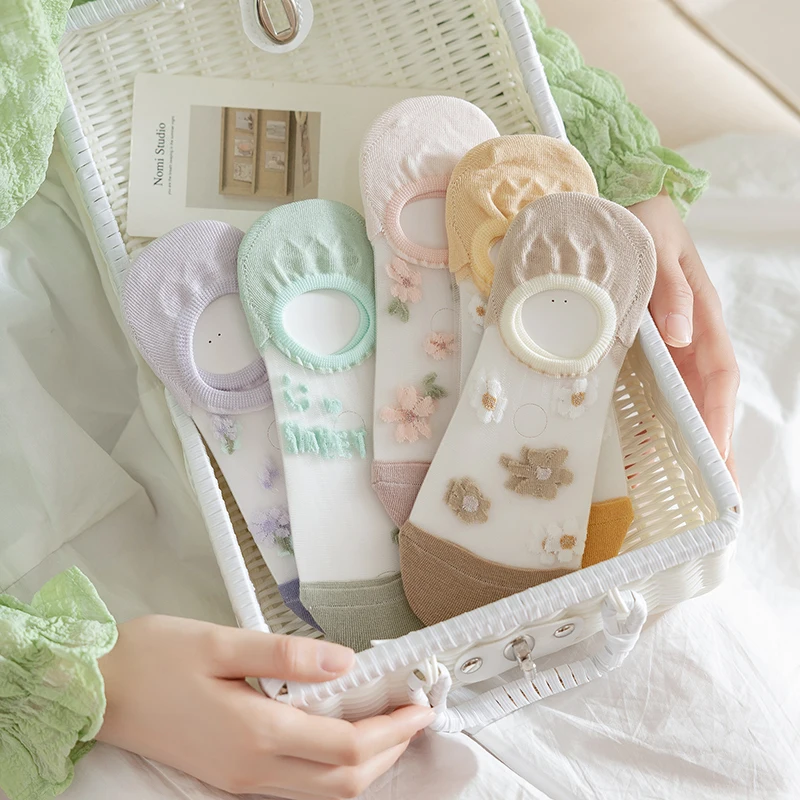 귀여운 작은 꽃 쉬어 여성용 양말, 부드럽고 가벼운 통기성, 편안한 양말 하이 퀄리티, 초박형 삭스, 6 켤레