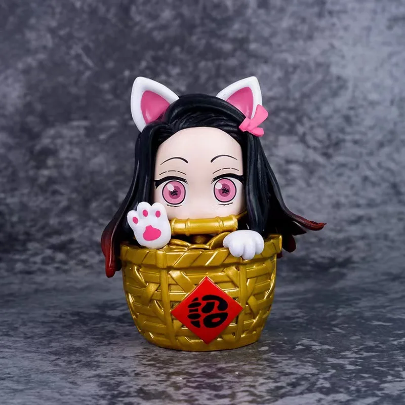 Assassino de demônios Kamado Nezuko Figura Anime, Gato Sortudo, Vestir Gaiola Dentro, Coleção Bonito Toy Modelo, 11cm