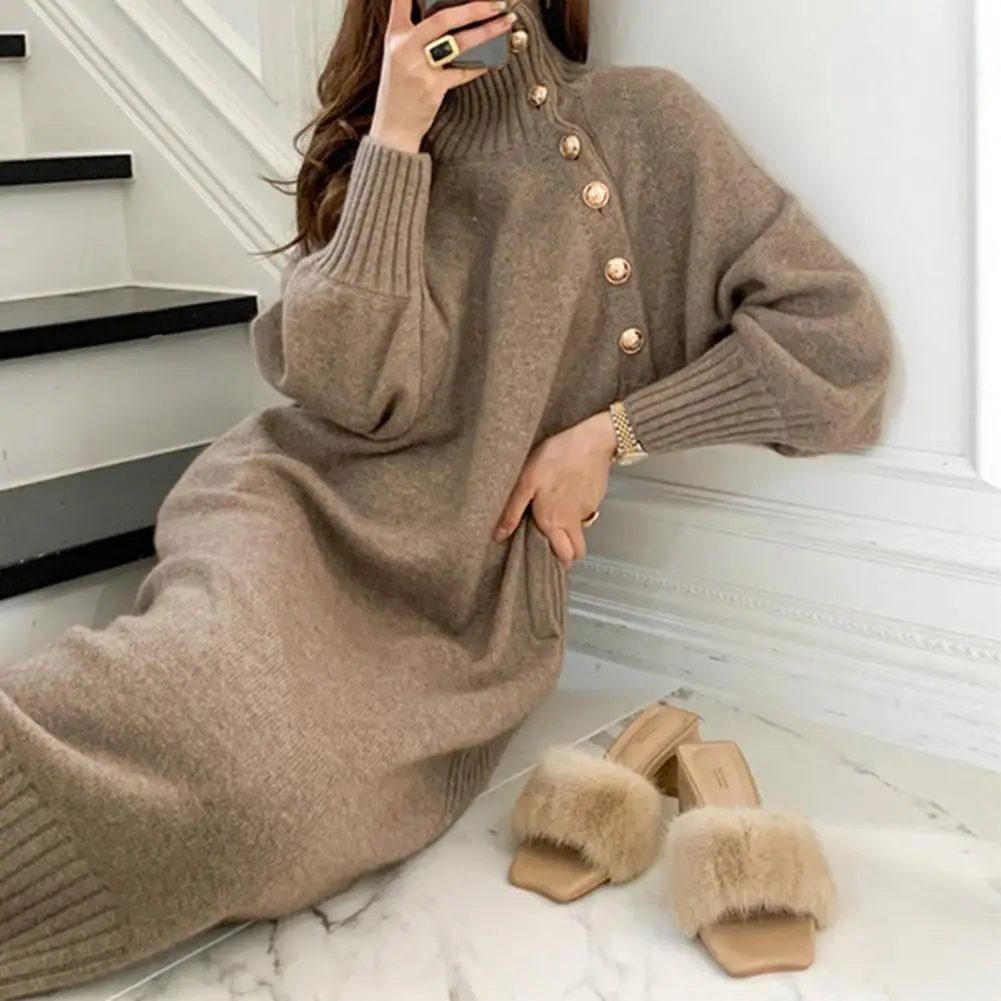 Autumn Winter Knitted Dresses High Collar Neck with Belt Long Sleeves Maxi Dress women 2024 trend