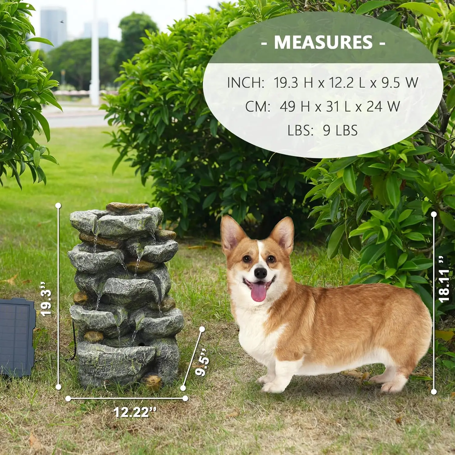 Solar Water Fountain Outdoor Garden, 19.3 Inch Cascading Stone Design 5 Tier Rock Feature Outdoor Fountains Waterfalls with Ligh