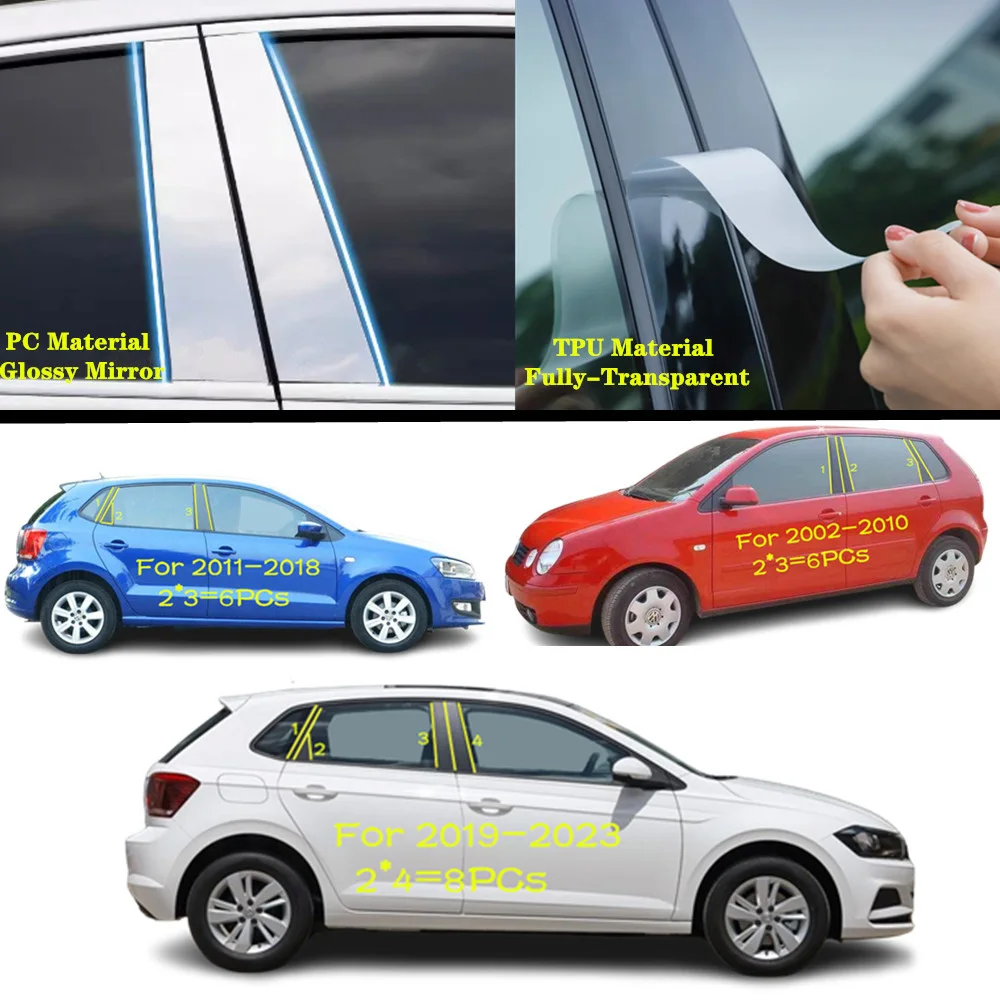 

For Volkswagen VW Polo 2002-2019-2020-2023 Car TPU/Glossy Mirror Pillar Post Cover Door Trim Window Molding Sticker Accessories