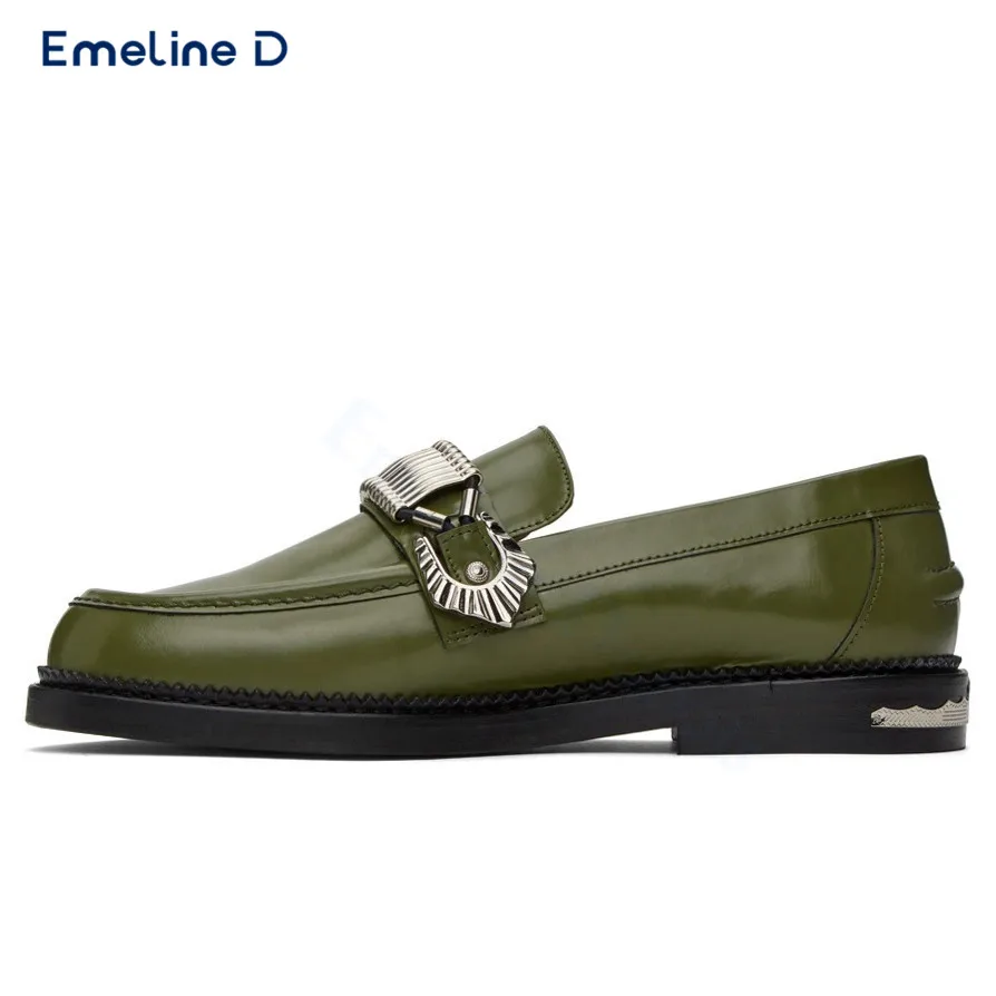Metal Rivet Buckle Loafers Green Round Toe Slip-On Business Leather Shoes Personality Casual Large Size Loafers Men's Shoes