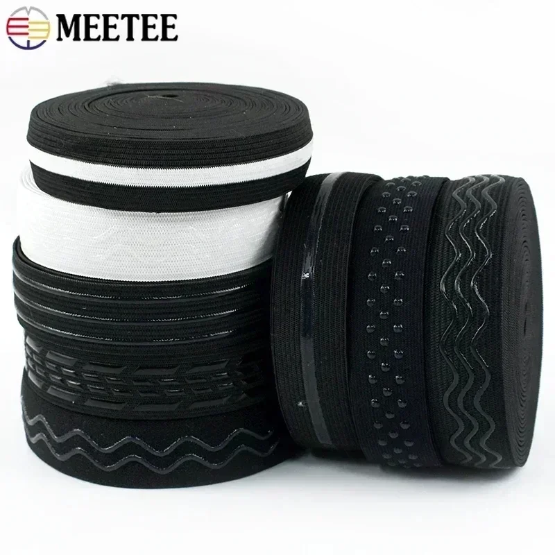 Meetee faixa elástica preta de silicone antiderrapante, 1/2 metros, para cinto esportivo, fita elástica, faça você mesmo, material de costura de