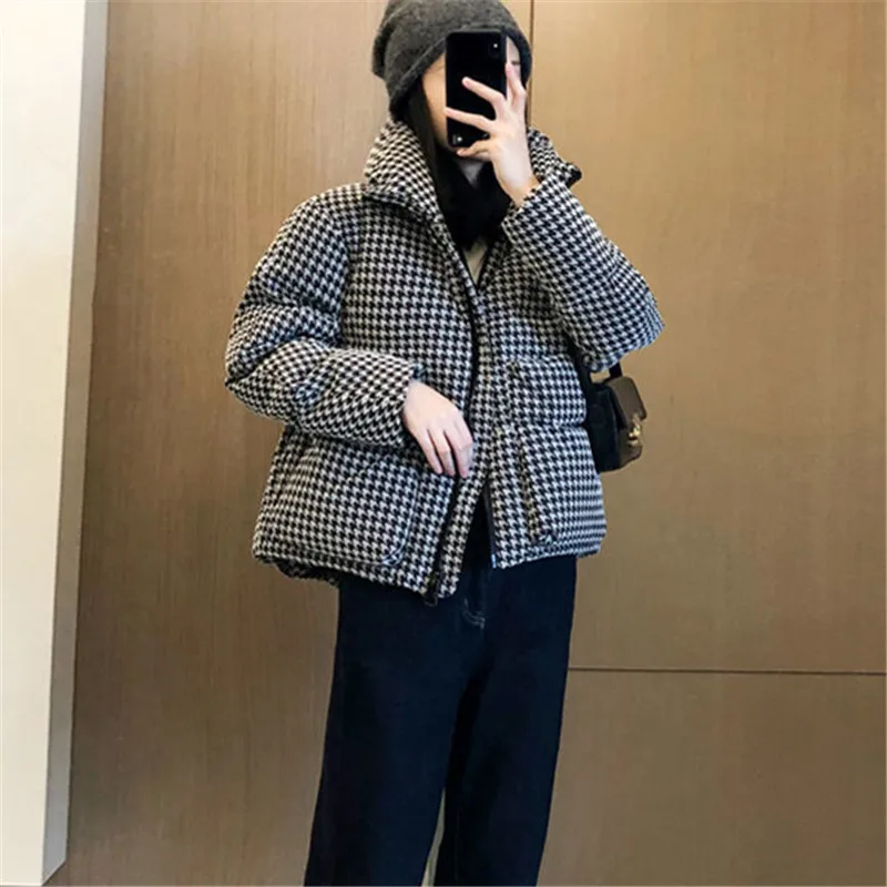 

Winter Coat Women's New Houndstooth Parker Jacket Stand Collar Pocket Zipper Thickened Cropped Top Fashion Female Clothing ZM261