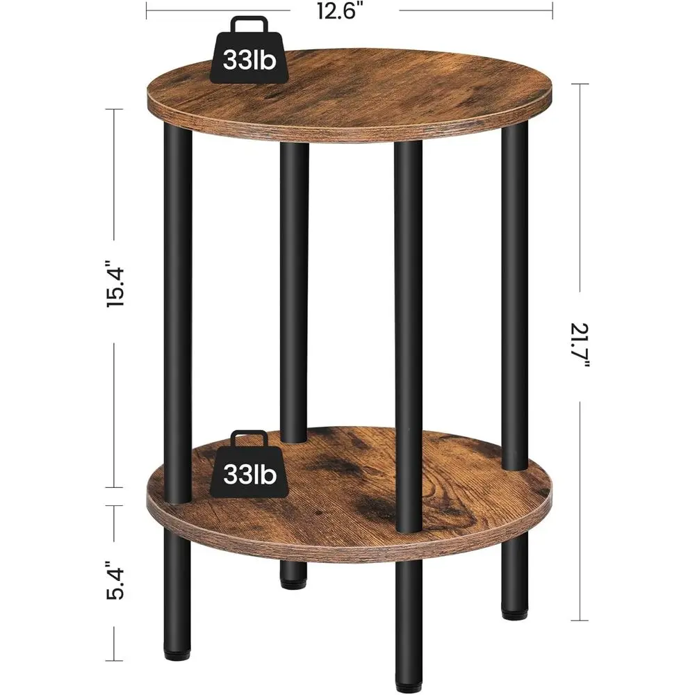 ラウンド2段エンドテーブル、小さなナイトスタンド、丈夫な金属フレーム、インダストリアルスタイルのコーヒーテーブル、リビングルームやベッドルームに最適