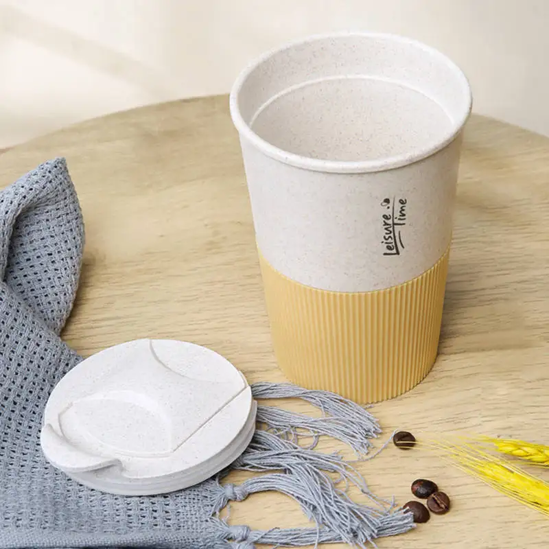 350ML Portable Coffee Cup Double Wall Mug Wheat Straw Plastic Travel Water Bottle With Lid Reusable for Coffee Drinks