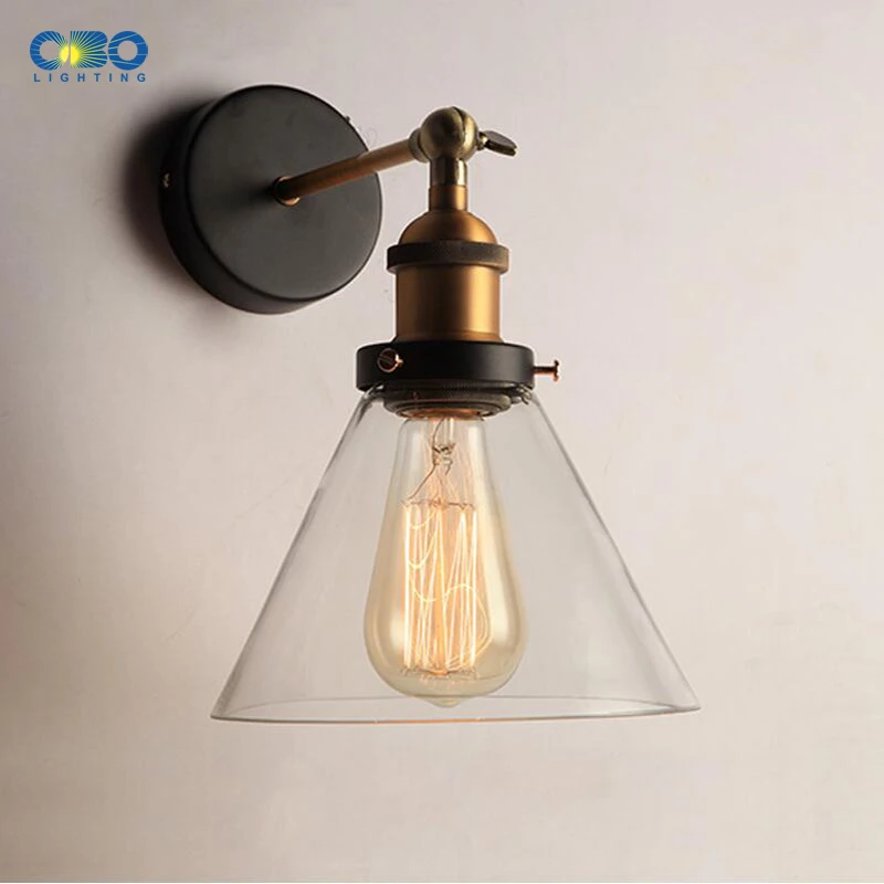 Retro Glass Wall Lamp Loft Vintage Metal Triangle Oval Clear Wall Light Edison 40W Industrial Wall Sconce