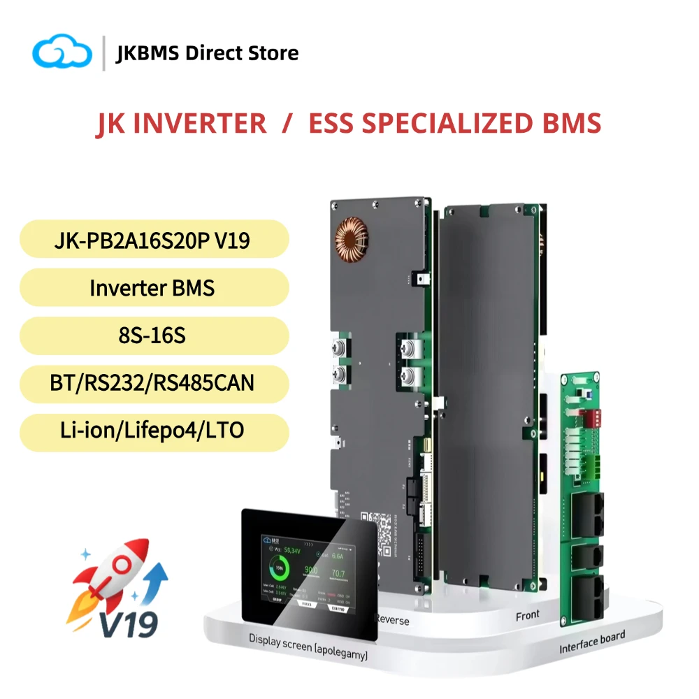 

JK BMS PB2A16S20P V19 200A 8S 10S 12S 14S 16S Active Balancer 2A LiFePo4 Li-Ion Battery Protection Board RS485 CAN Inverter
