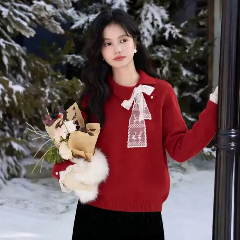 Family Matching Sweater Mom Dad Daughter Son Red Knit Tops Pullover Winter New Year Parent-child Clothes Christmas Couple Outfit