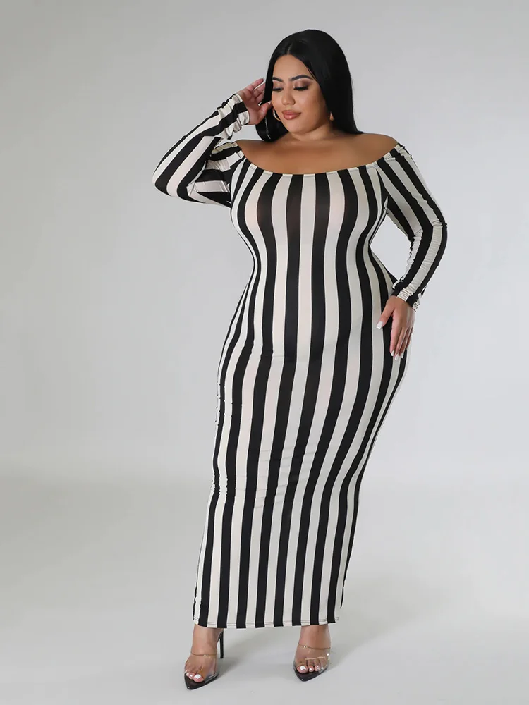 Cheap Women Plus Size Maxi Dresses 2023 New Summer Casual Elegant Off Shoulder Long Sleeve Print Stripe Bodycon Holiday Clothing
