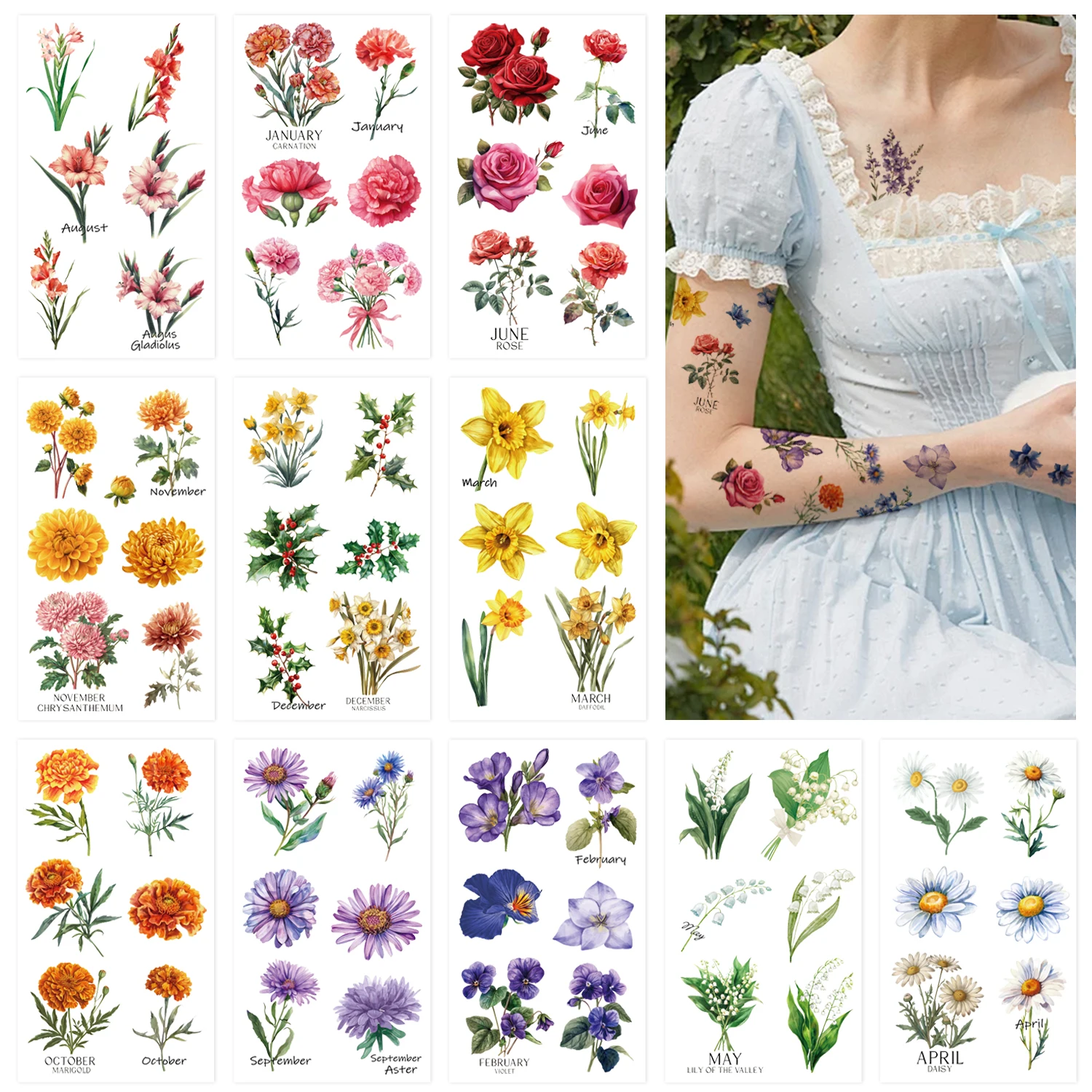 

12 шт. временные татуировки с ежемесячными цветами, акварельные цветочные наклейки для женщин, водонепроницаемые и легко снимаются