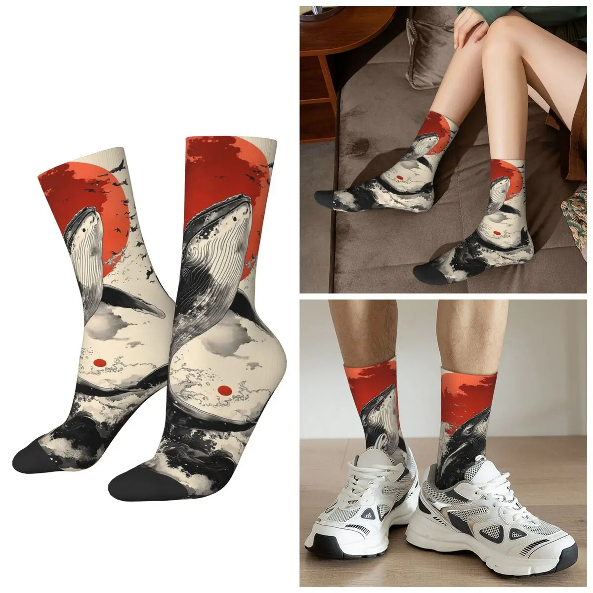 

Всесезонные носки с принтом кита и красного солнца, спортивные носки в стиле Харадзюку, средние носки-трубы, высококачественные чулки для мужчин и женщин, подарки