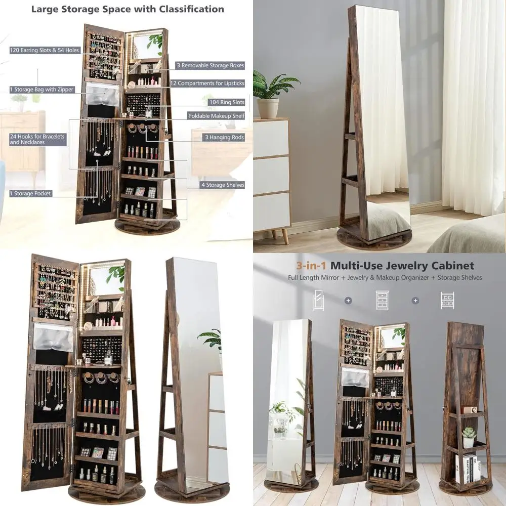 

Поворотный шкаф для ювелирных изделий в деревенском коричневом стиле с зеркалом в полный рост, запираемым хранилищем, внутренним туалетом и 3-цветной подсветкой.