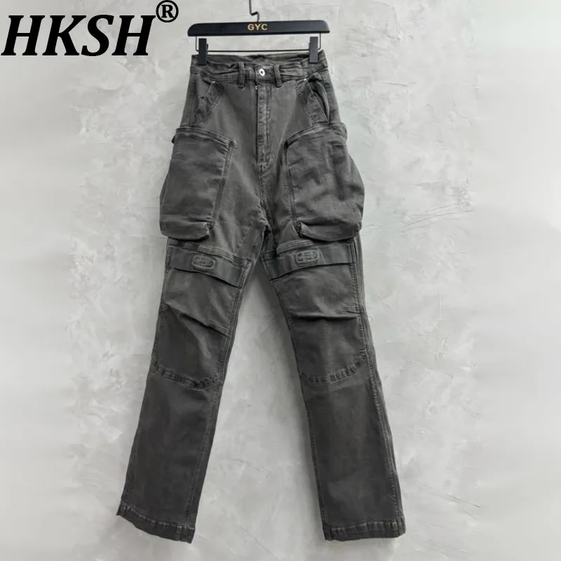 

HKSH Spring Men Tide Waste Land Dark Washed Stretch Slim Jeans Large Pockets Cargo Pants Trendy Vibe Casual Denim Pants HK22097