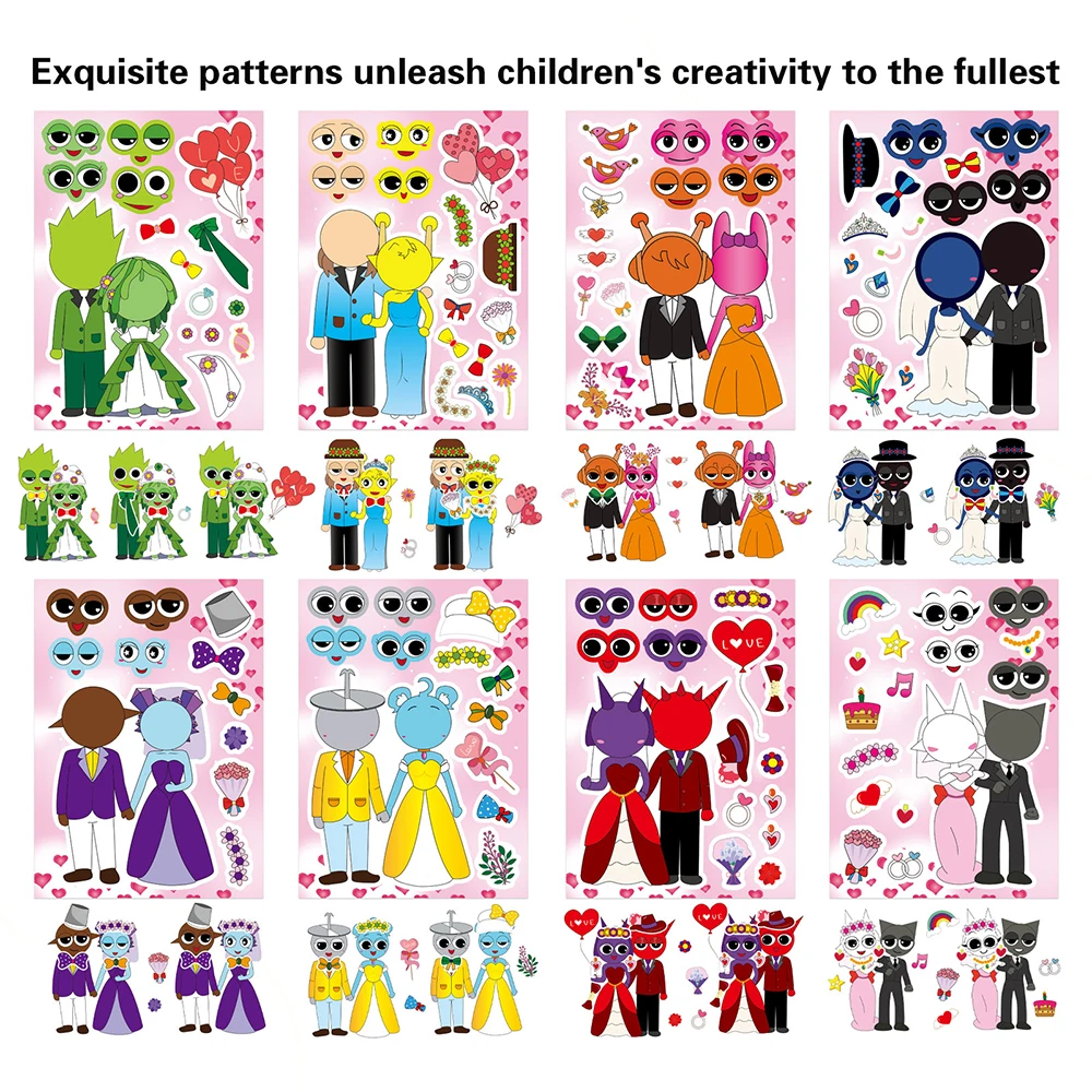 8/16sheets Cartoon Music Game Sprunki Wedding Puzzle Stickers Make a Face Children DIY Assemble Jigsaw Decals for Kids Toy Gift