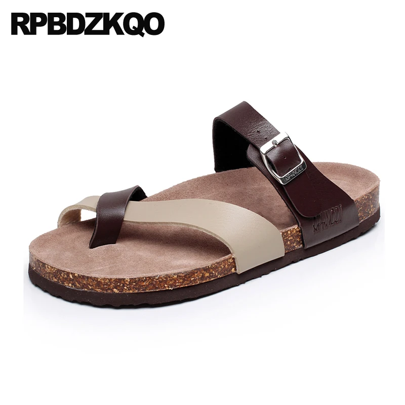 

Flat Men Sandals Leather Summer Shoes Strap Nice Cork Plus Size 46 Beach Outdoor Toe Loop Metal Designer Slides Slippers Large