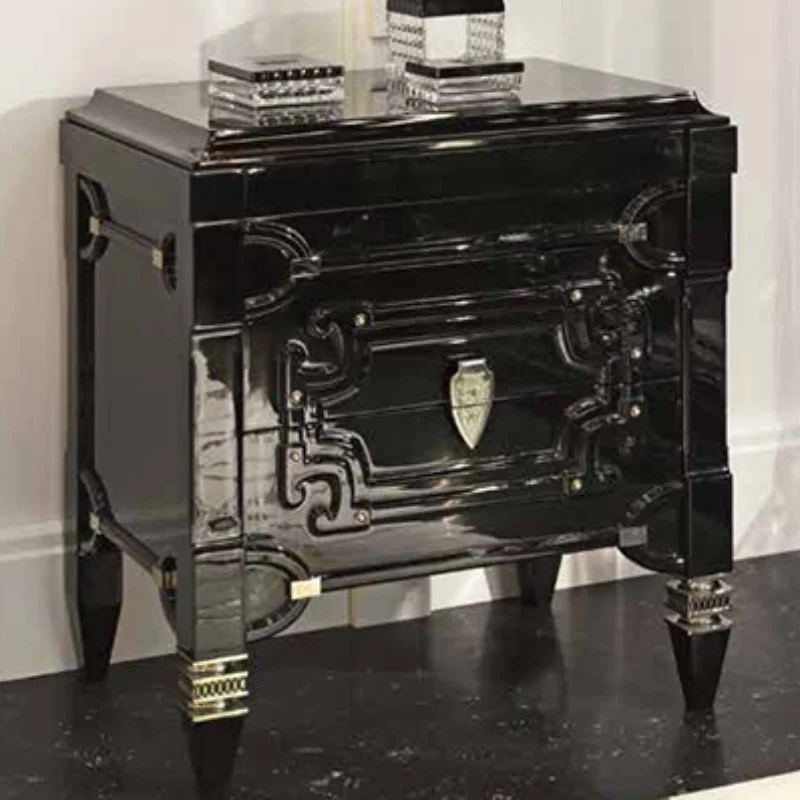 

Postmodern black paint drawer model bedside neoclassical solid wood storage cabinet