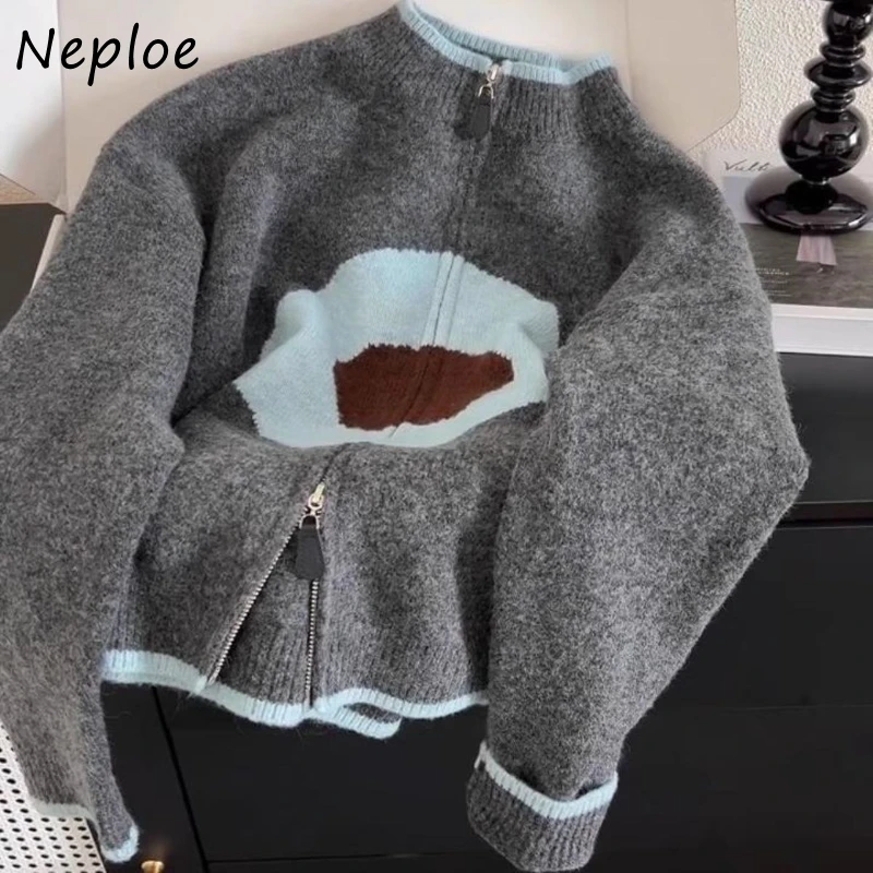 

Neploe Корейский шикарный винтажный вязаный кардиган на молнии для женщин, ленивый свободный универсальный вязаный кардиган с панелями меньшинств, милый мягкий тянущийся Femme