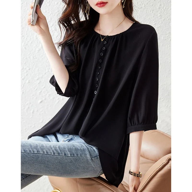 Fashion O-Neck Button Solid Color Folds Casual Blouses Women\'s Clothing 2024 Autumn New Loose Commuter Tops All-match Shirts