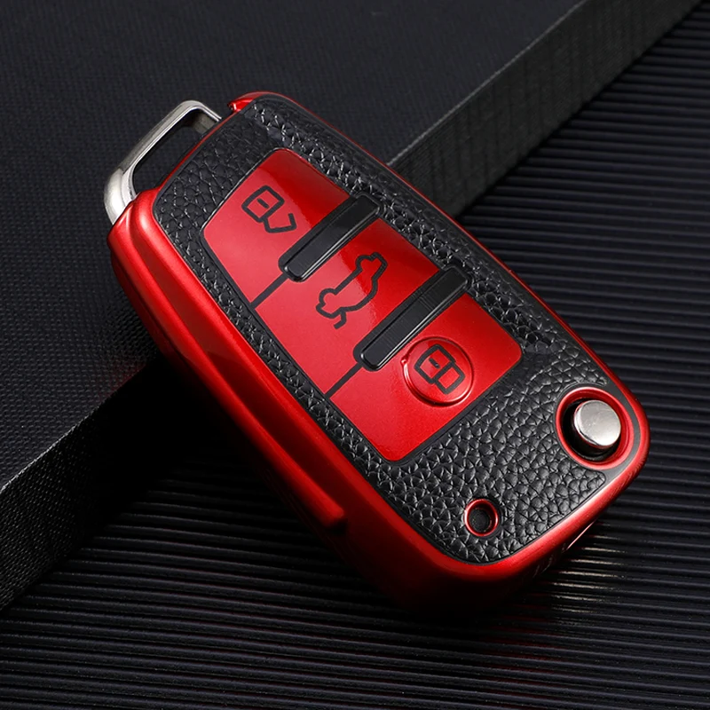 Leather TPU Car Folding Key Cover Case for Audi A3 8L 8P A4 B6 B7 B8 A6 C5 C6 4F RS3 Q3 Q7 TT 8L 8V S3 Key Fob Shell Accessories