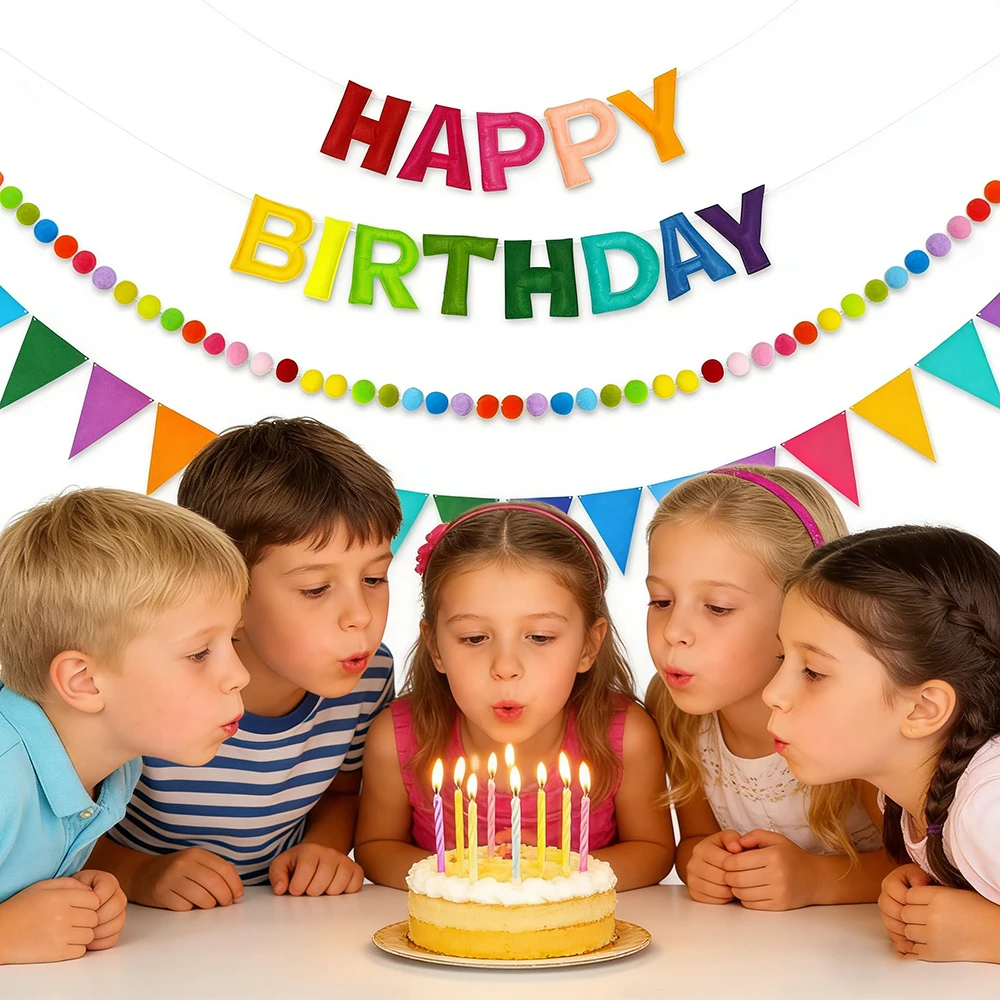 

Felt Colorful Happy Birthday Banner Set for Birthday Party Rainbow Fabric Garland with Pom Balls String Pull Flags Hanging Decor
