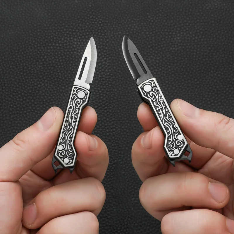 Mini Folding Knife Pattern Handle Black White Pocket Keychain Small Utility Blade Outdoor Camping Hiking Fruit EDC Tool Gift