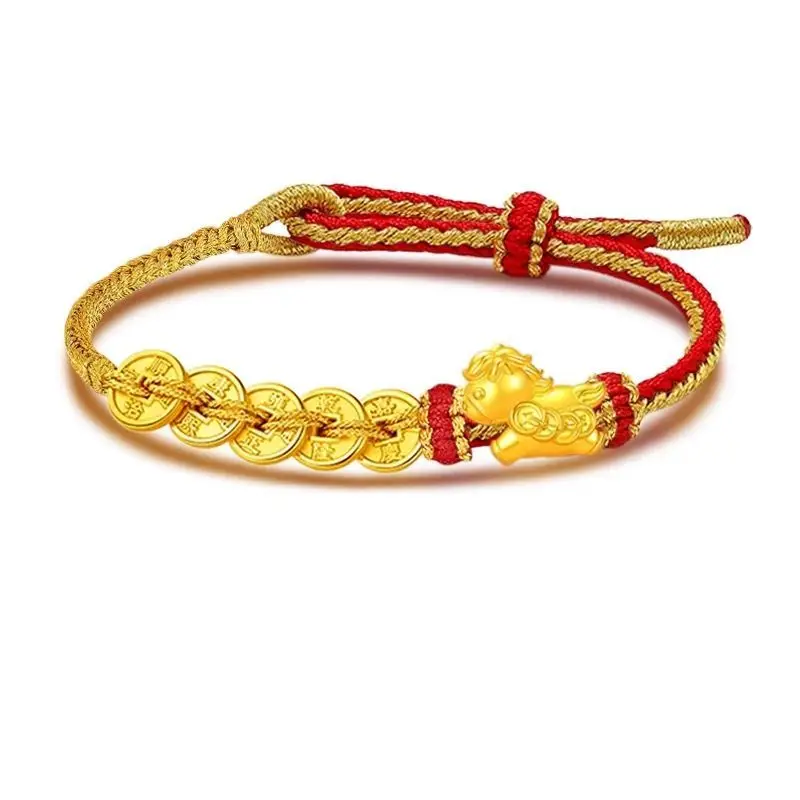 24k Real Gold Plated Chinese Style Lucky Five Emperor Coins Pixiu Red String Bracelet For Women Wealth Blessing Good Luck Jewelr