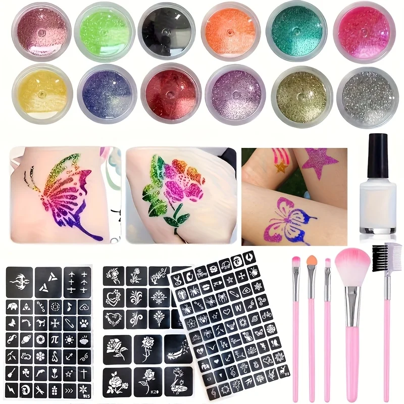 

DIY Flash Tattoo 12 Colors of Glitter,Includes Multiple Tattoo Templates Glue Brushes Set,DIY Glitter Cartoon Sticker Tattoo Set