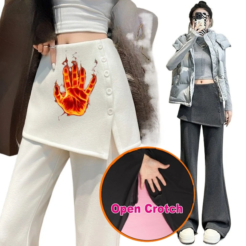 

Women's Open-crotch Long Culottes Fake Two-piece Fleece Micro-pull Pants Women's 2025 Autumn and Winter Cashmere Glutinous Rice