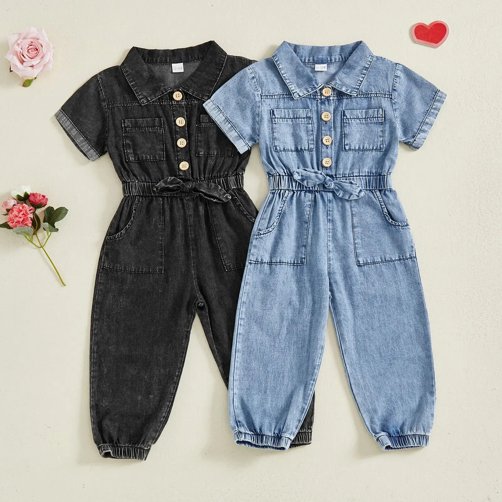 

1-5Y Kids Girls Cotton Denim Overalls Short Sleeve Lapel Button-Up Belted Elastic Cuff Romper Fashion One-Piece Jeans Outfit
