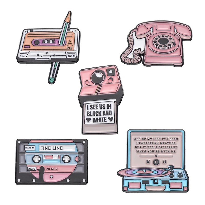 Cute Tape Radio CD Enamel Pins Cartoon Metal Camera Brooches Bag Hat Coat Lapel Badge Vintage Jewelry Accessories Kids Gifts
