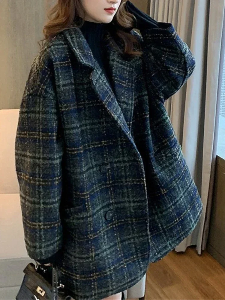 

Women's Jacket Woolen Jacket Winter Korean Vintage Lattice Loose Top Tweed Jacket Double Breasted Turn Down Collar Women's coat