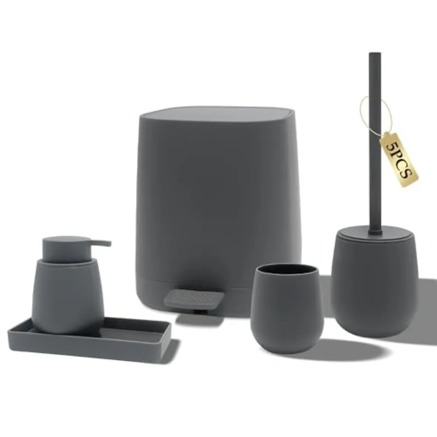 

Современный элегантный набор аксессуаров для ванной комнаты со мусорным баком, дозатором для мыла, чашкой для зубной щетки, щеткой для унитаза и подносом для декора ванной комнаты