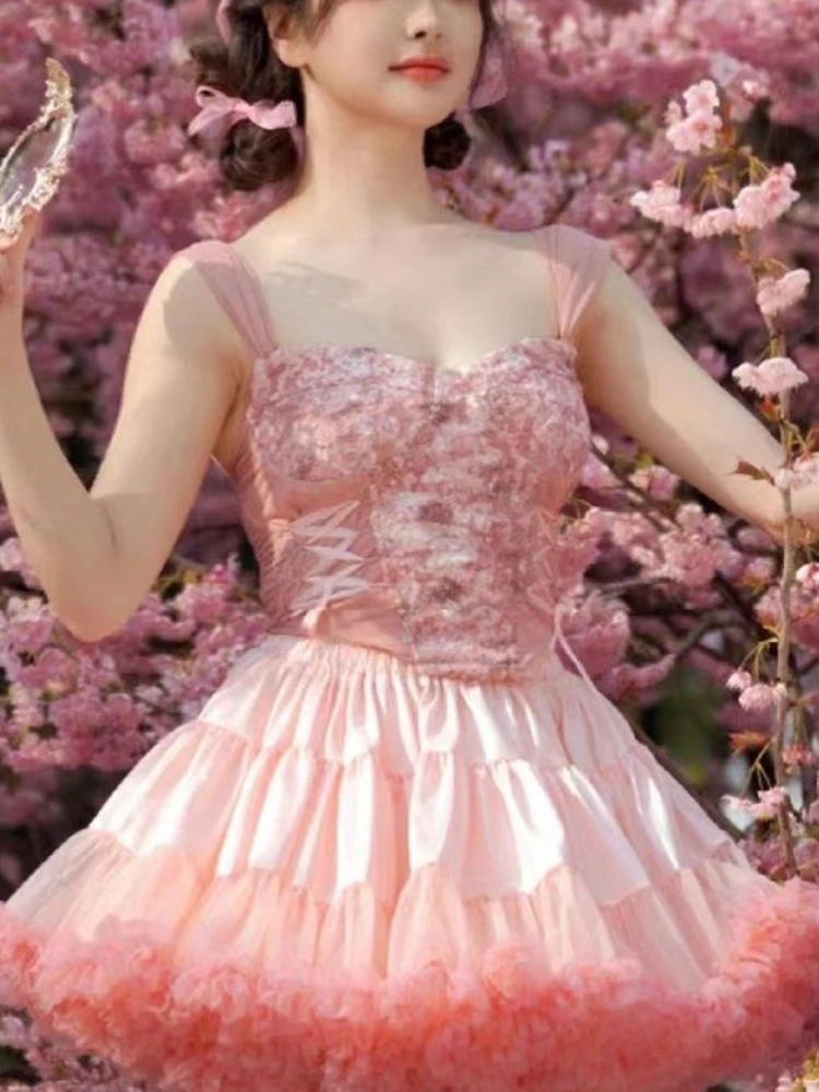 Pink Summer Sweet Two Piece Set Female Japanese France Vintage Party Skirt Suit Female Kawaii Lolita Vest + Shaggy Mini Skirt