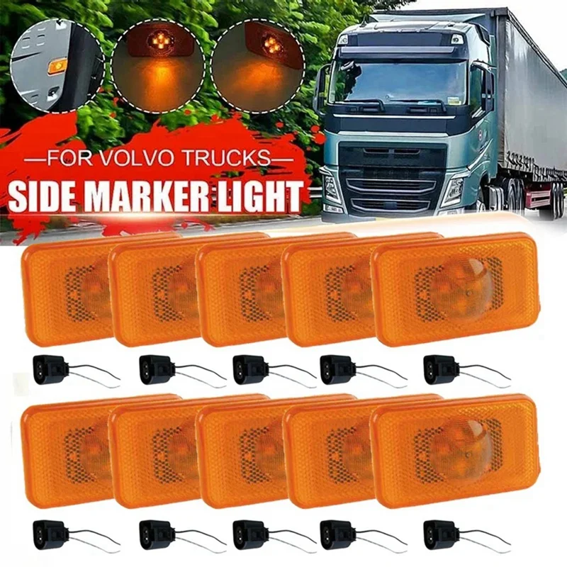 

10X 24V Yellow Amber LED Side Marker Lamp Light W/ Wire Connector Plug For Volvo FH&FM DAF LF45 Renault 20398660 Replacement