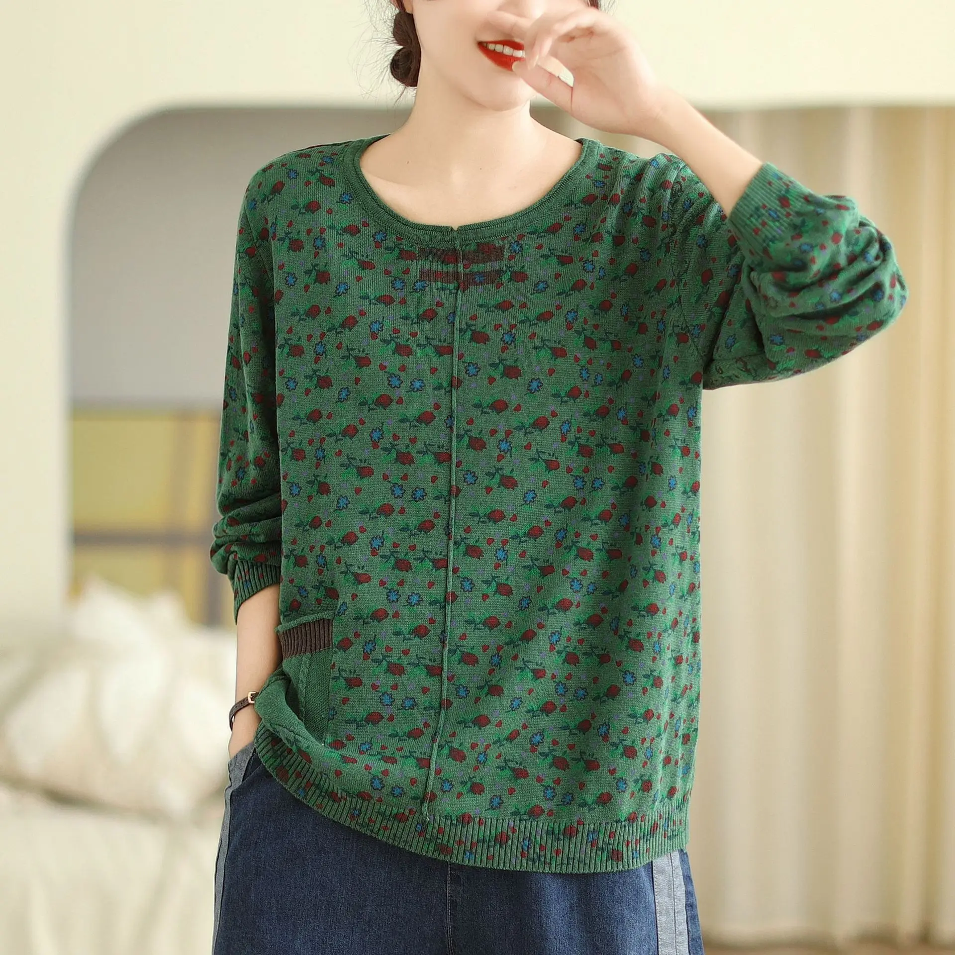 Cotton Flower Print Long Sleeve Knitted T-shirt Women's Spring Fall Fashion Loose Casual Elegant Knitwear Female Vintage Clothes