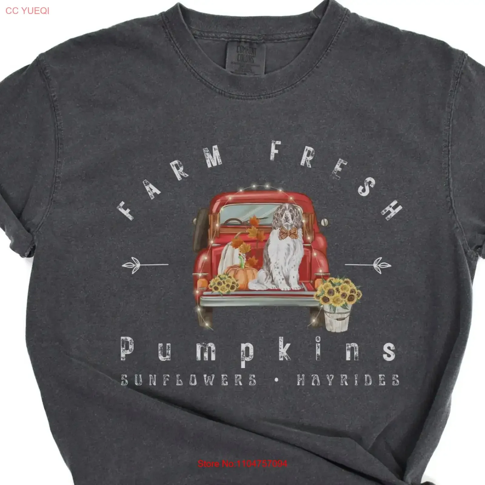 Adorable Springer Spaniel Joins the Harvest Fun Farm Fresh Pumpkin T Shirt for a Vintage Fall and Autumn Look Truck Hayrides