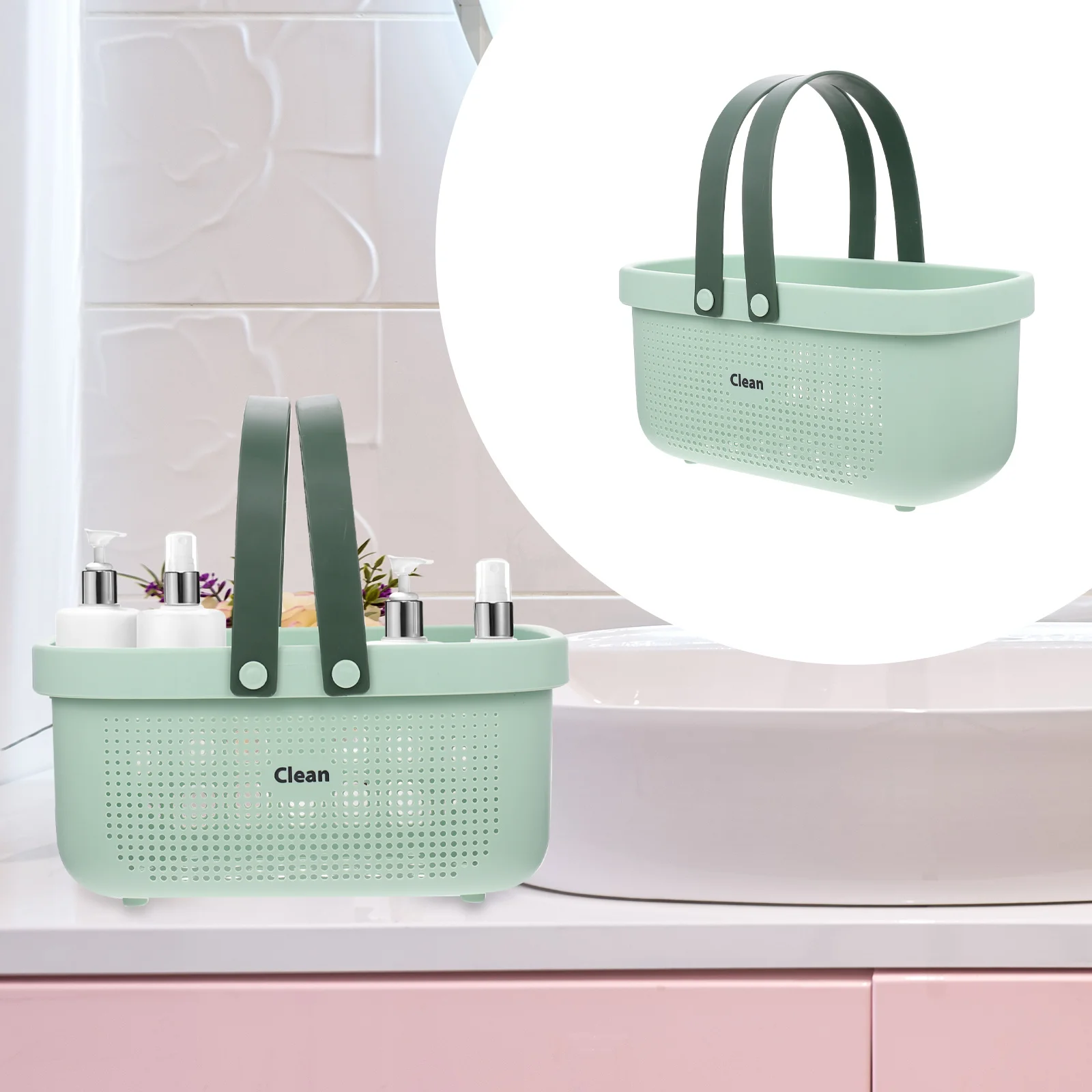 

Large Portable Silicone Handle Washroom Basket Hollow Design Drainer Bathroom Organizer for Toiletries Storage
