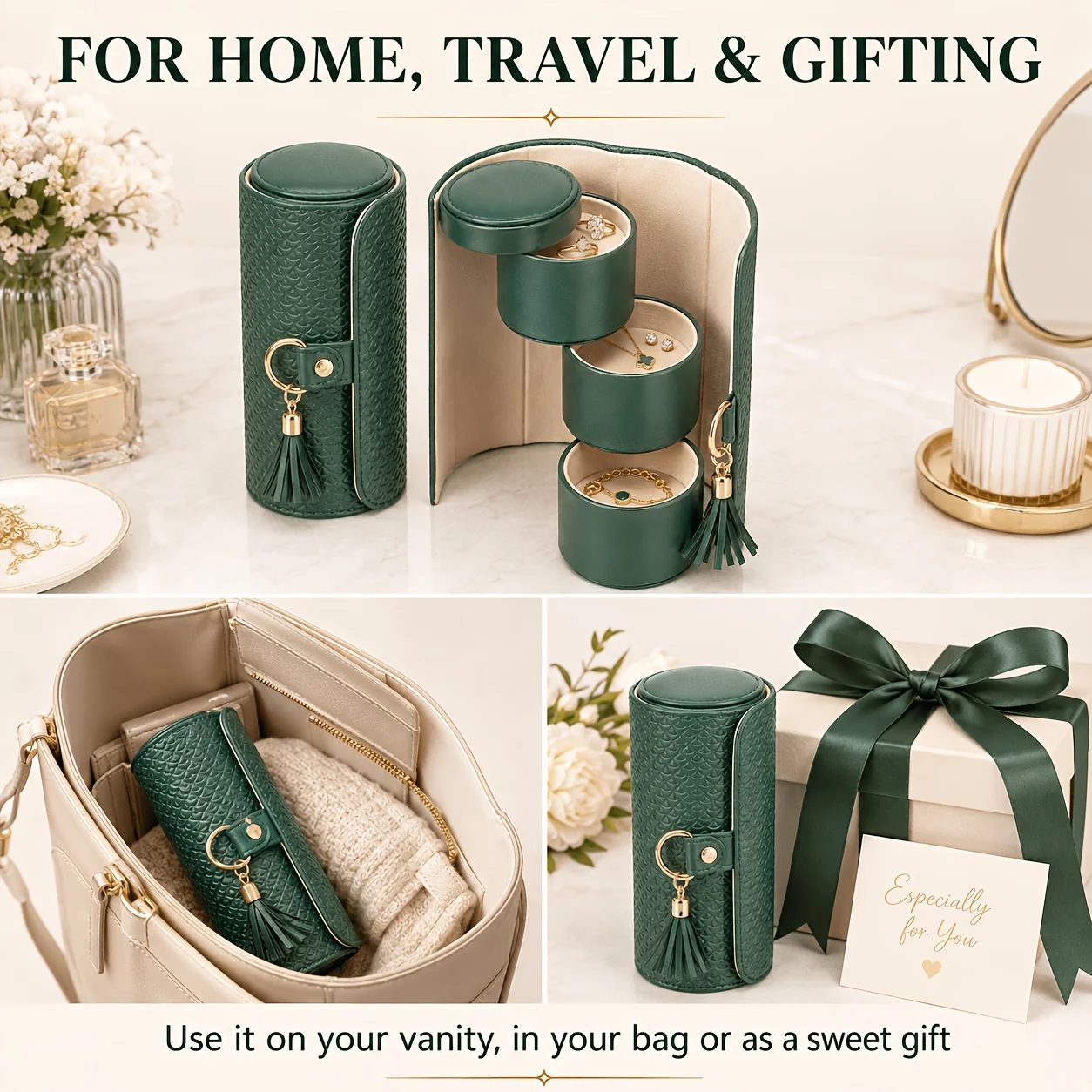 Travel Jewelry Organizer, 3 Tier Roll Up Design, Hard Shell Storage Stepped Sections Compartments Keep Jewelry Visible