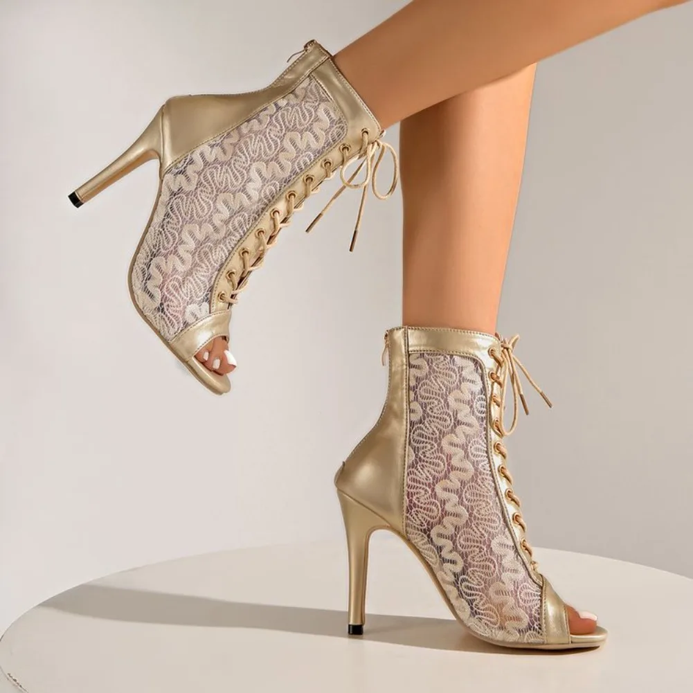 Mesh Sandals Women's Summer Short Boots Hollow Lace-up Net Boots Jazz Dance High Heels Dancing Fish Mouth Sandals Large Size