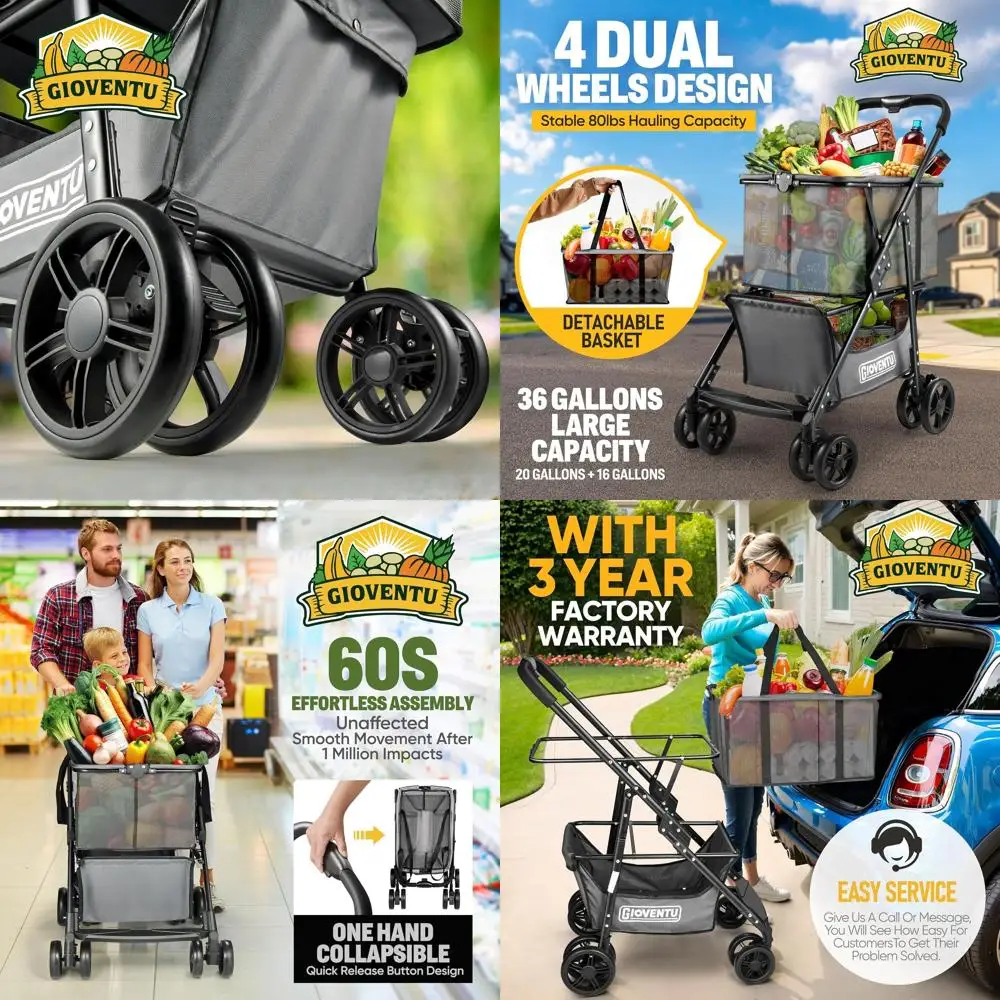 

Улучшенная складная тележка 2026 года с поворотом на 360 градусов ° Поворотные колеса, грузоподъемность 80 фунтов, съемная сумка, портативный помощник для покупок