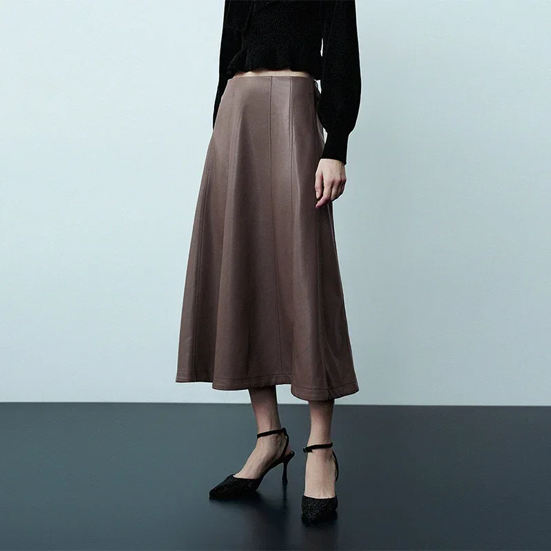 

Elegant Matte Leather Pleated Skirt Women High Waist Vintage Brown PU Midi Skirt Ladies Stretch Loose Long Skirt Party Cutsom