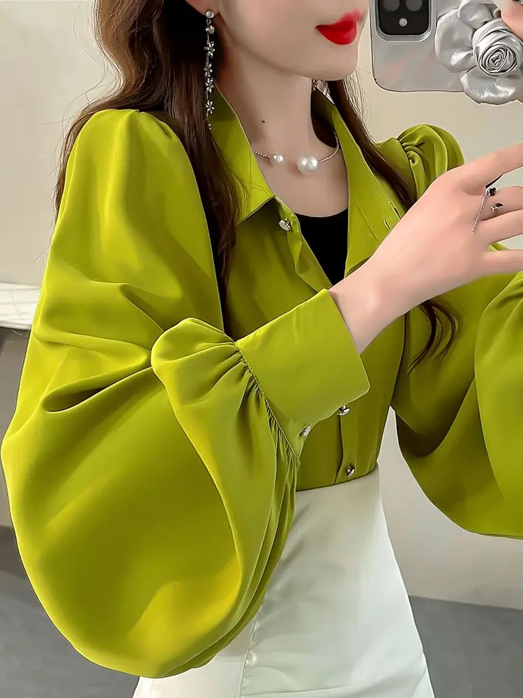 เสื้อลายดอกไม้สีทึบ Elegant Lantern Sleeve ผู้หญิง Top Plus ขนาดเสื้อแขนยาว